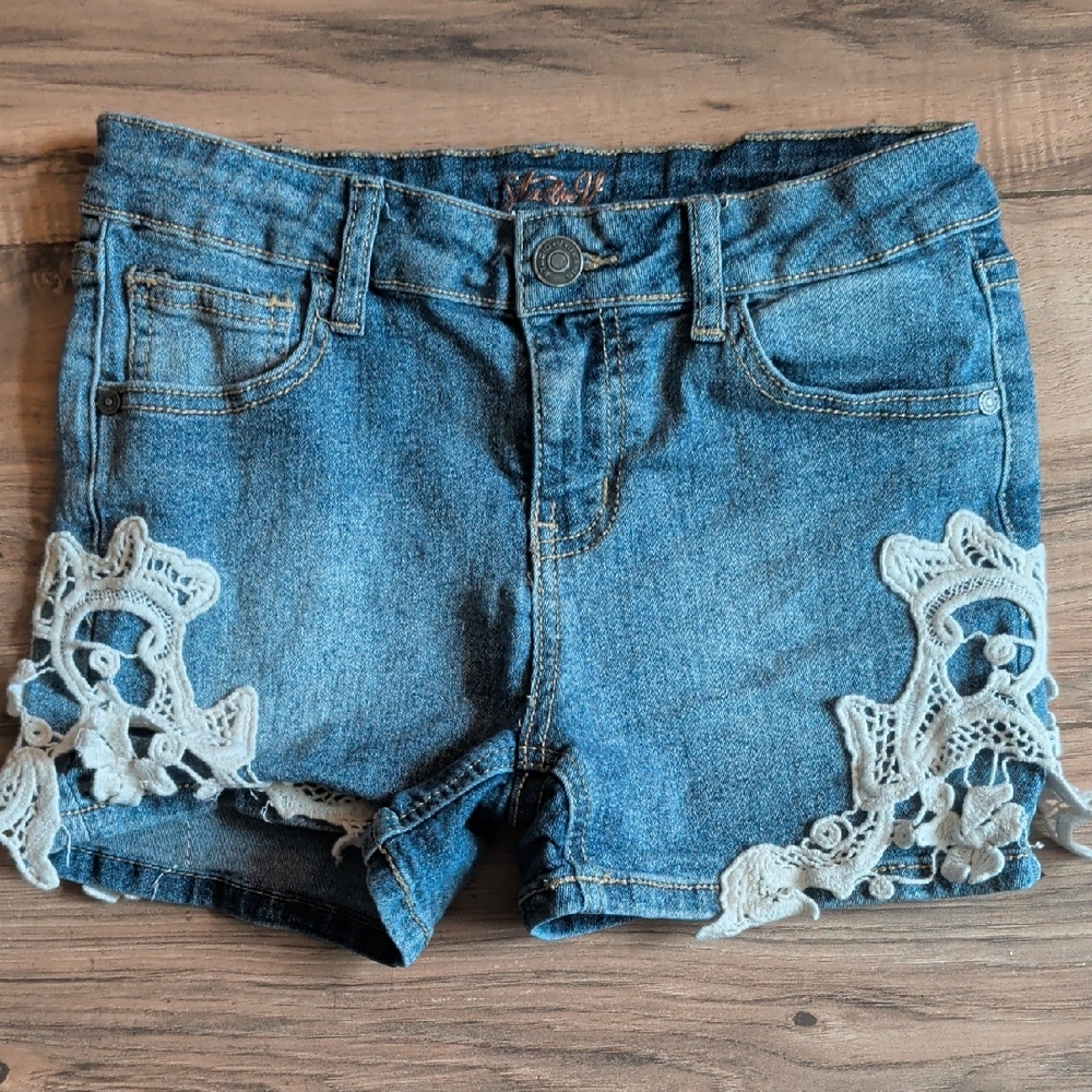 Blue Denim Shorts with Lace Trim